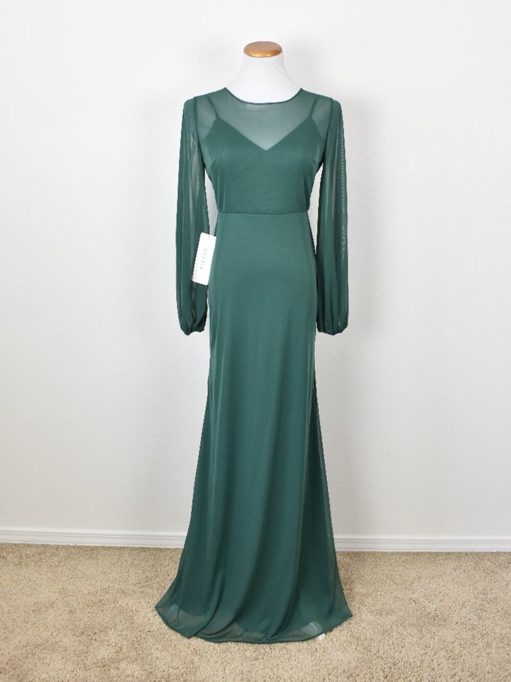 Azazie DENALI Dark Green Long Sleeve Mesh Dress NEW - 6 - Picture 1 of 12